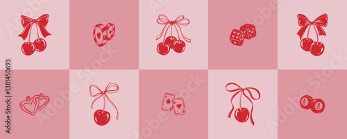 Set of girly coquette flirtatious elements for valentines day, wedding, bachelorette party, birthday, casino, gambling designs. Feminine pink background. Cute doodle bow ribbon cherries