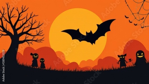 Silhouetted bats flying at sunset with spooky haunted house and barren tree