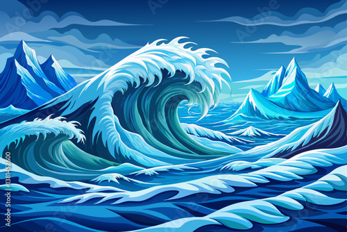 Frozen ocean waves locked in ice under an arctic sky, winter sea landscape
