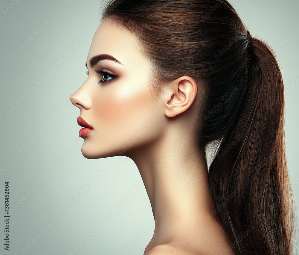 Fototapeta premium The profile of a beautiful girl is captured in a stunning side-view portrait, where a brunette woman displays full lips, natural makeup, and healthy smooth facial skin, with her hair standing out