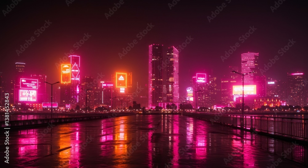 Obraz premium Pink and Orange City Nightscape - Vibrant city skyline at night, reflecting neon lights on wet pavement. Symbolizing modern energy, urban dynamism, technological advancement, nightlife vibrancy