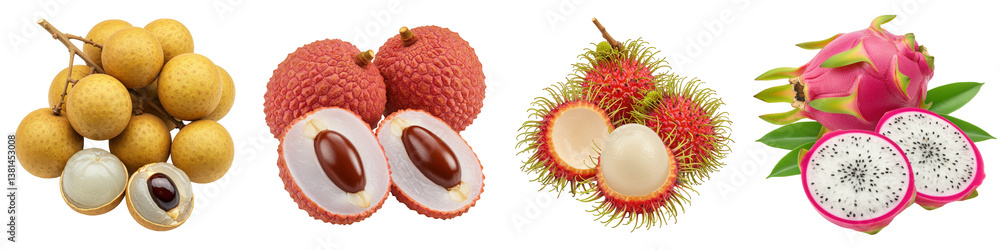 Fresh exotic fruits longan, lychee, rambutan and dragon fruit. Fresh exotic fruits longan, lychee, rambutan and dragon fruit.