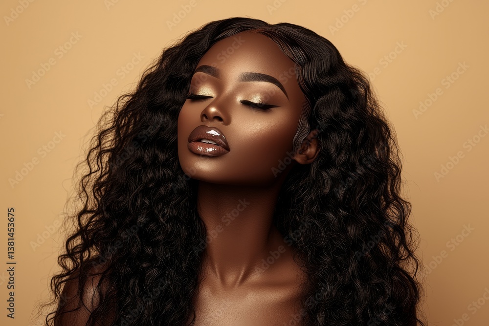 Fototapeta premium Portrait of Woman with Beautiful Flowing Bronzed Frizzy Hair’ is reworded as ‘Image of a Female with Lovely Wavy Sun-Kissed Curly Locks