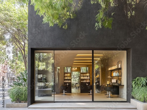 The front view of a generic store facade is depicted in black with an outdoor mockup and store template featuring windows display and blank posters