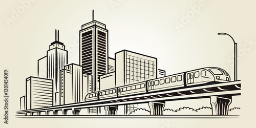 The city has a metro rail with a sleek train running through it.