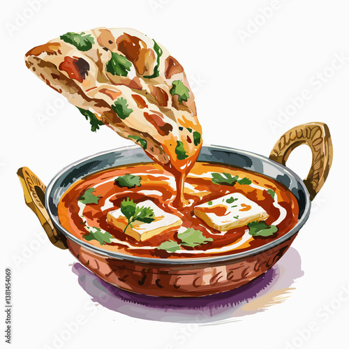 Watercolor Illustration of Paneer Butter Masala with Naan