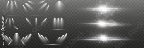 Spotlight and star with effect. Bright lighting with spotlights. Explosion of light and glare. Vector. EPS 10.