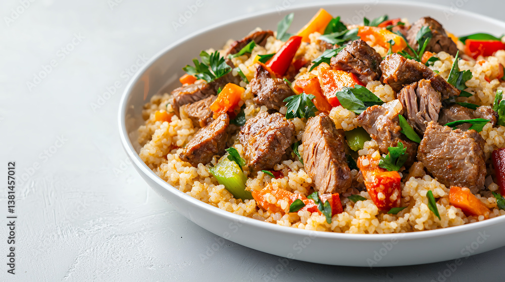 Delicious couscous dish with tender beef, colorful vegetables, and fresh herbs, perfect for hearty meal Delicious couscous dish with tender beef, colorful vegetables, and fresh herbs, perfect for hearty meal