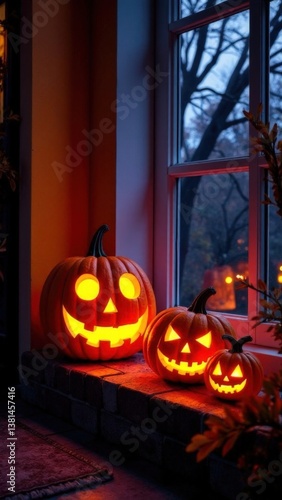 Vertical photo. Glowing pumpkins with carved faces on the doorstep of a house on Halloween evening. Traditional home decoration