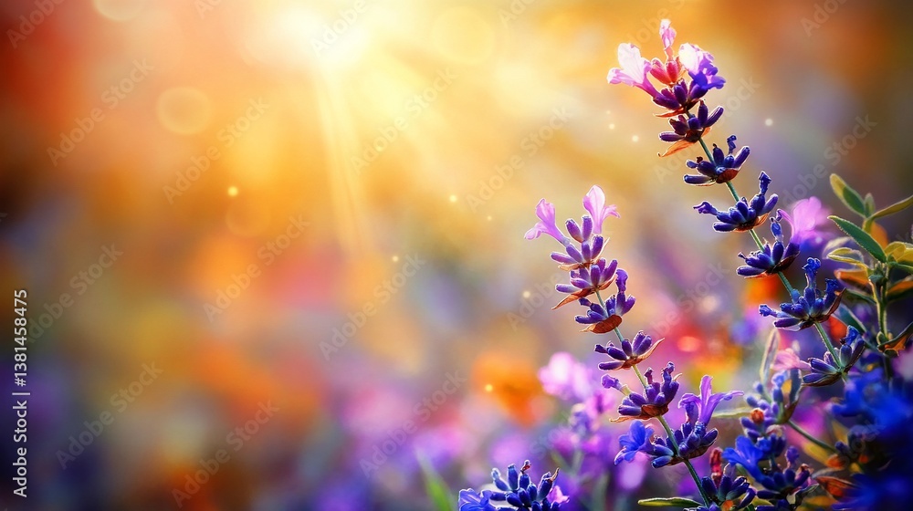 Naklejka premium Sunny Lavender Field, Blooming Flowers, Summer, Background Blur