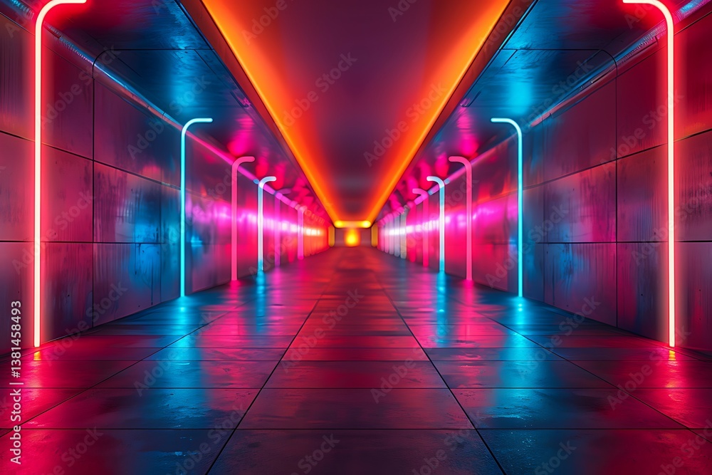 A vibrant neon-lit passageway pulsates with energy, a futuristic dreamscape where electric hues of pink, blue, and orange converge, creating a mesmerizing spectacle of light and shadow. A vibrant neon-lit passageway pulsates with energy, a futuristic dreamscape where electric hues of pink, blue, and orange converge, creating a mesmerizing spectacle of light and shadow.