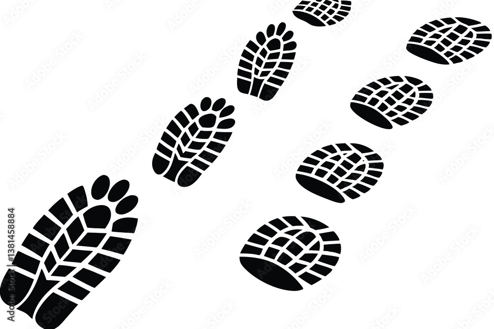 Black shoes prints footpath. Sneakers silhouettes path. Steps or footprints of walking person. Human steps traces. Vector illustration isolated on white background. Black shoes prints footpath. Sneakers silhouettes path. Steps or footprints of walking person. Human steps traces. Vector illustration isolated on white background.