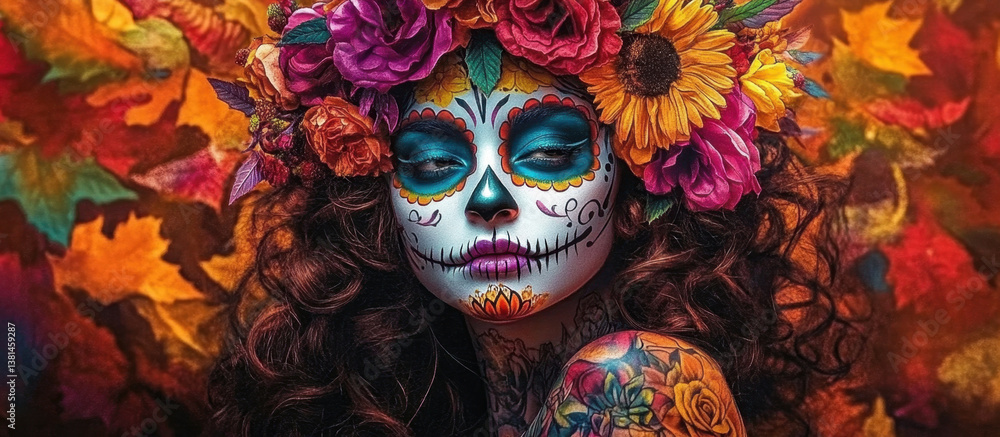 Cinco de Mayo. Calavera: Abstract Mexican Skull Face Paint. An abstract banner featuring a portrait in Mexican carnival style.
Cinco de Mayo. Calavera: Abstract Mexican Skull Face Paint. An abstract banner featuring a portrait in Mexican carnival style.