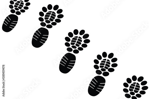 Black shoes prints footpath. Sneakers silhouettes path. Steps or footprints of walking person. Human steps traces. Vector illustration isolated on white background.