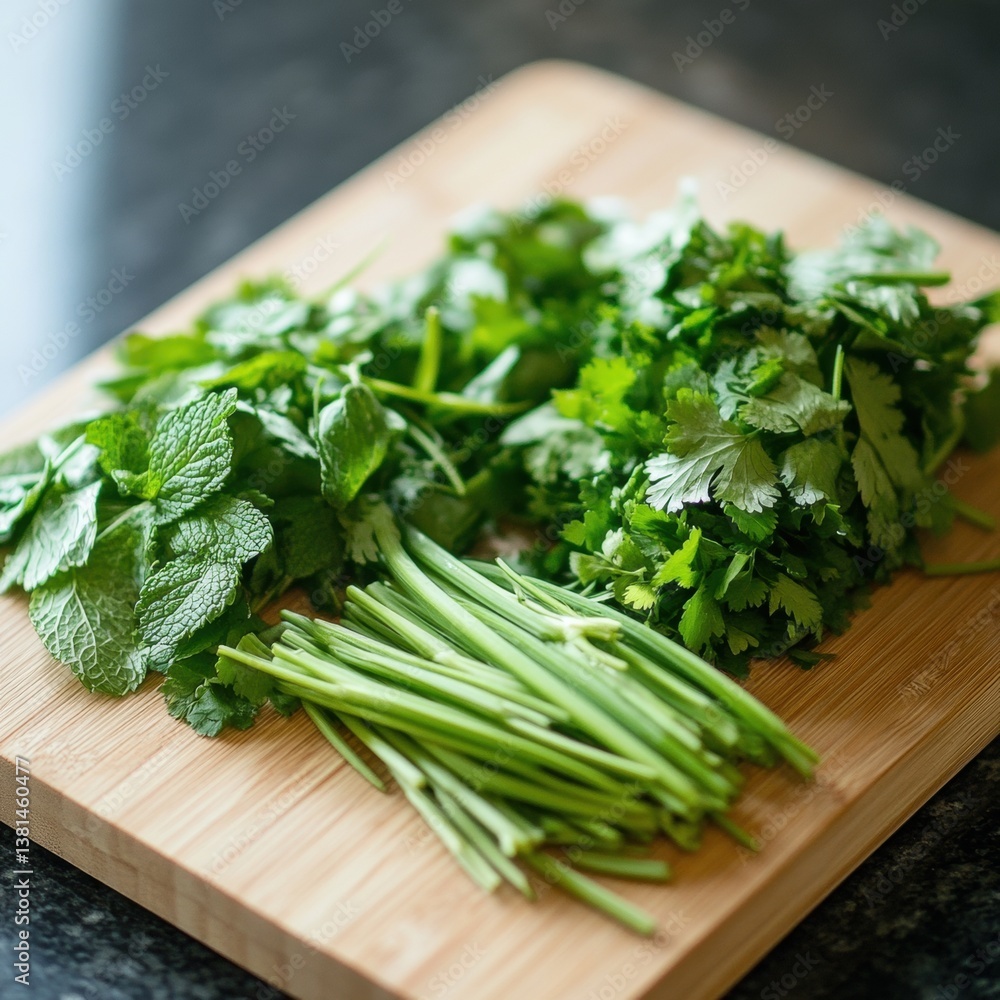 Fresh Herbs Including Mint, Cilantro, and Green Onion on Wood Board Fresh Herbs Including Mint, Cilantro, and Green Onion on Wood Board