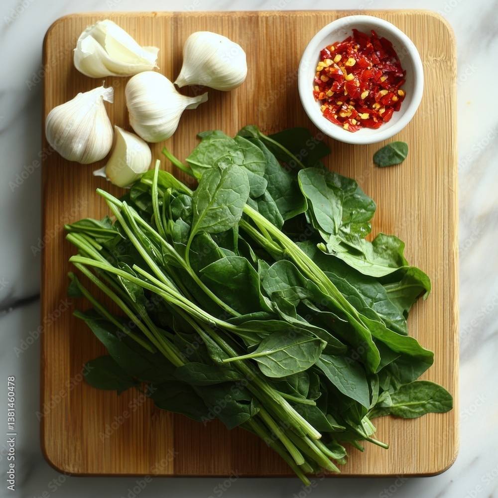 Fresh Spinach, Garlic, and Chili Flakes on Wooden Cutting Board Fresh Spinach, Garlic, and Chili Flakes on Wooden Cutting Board