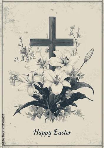 Vintage-style illustration of an Easter cross adorned with lilies. Background design with space for text suitable for Easter cards