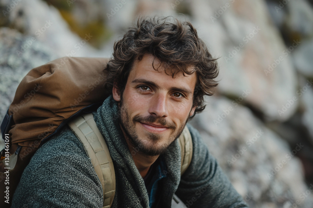 Smiling person enjoying an active spring vacation trekking and hiking in scenic mountain landscape generative AI Smiling person enjoying an active spring vacation trekking and hiking in scenic mountain landscape generative AI