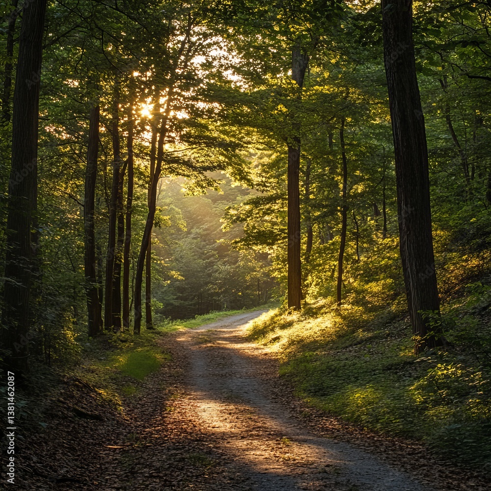 Fototapeta premium Sunlit Forest Path Winding Road Tranquil Nature Scene Golden Hour Peaceful Serene Sunlight Trees Woods Pathway Lush Greenery Summer Morning Sunlight 