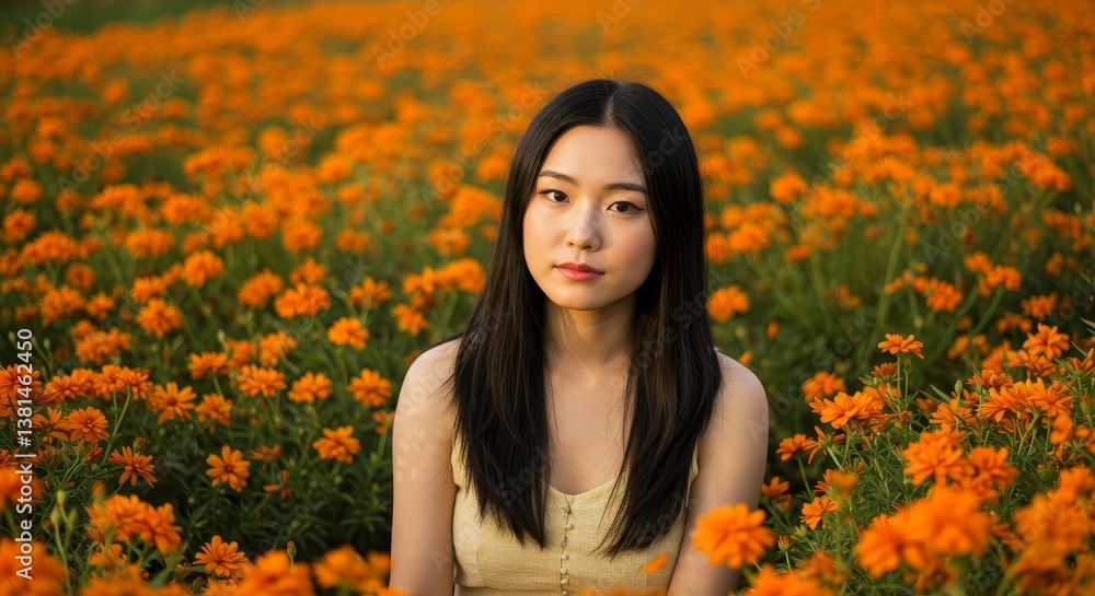 Naklejka premium Woman Amidst Marigolds - A young woman with long black hair sits serenely in a field of vibrant orange marigolds. Golden hour lighting