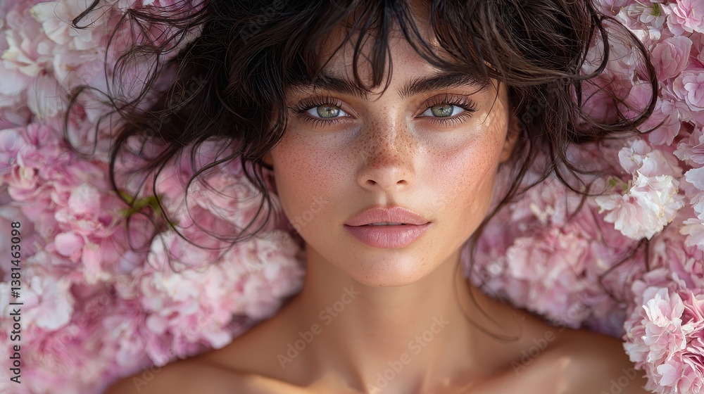 A captivating portrait of a woman, adorned with delicate pink flowers that cascade through her hair, creating a harmonious and seamless pattern, evoking a sense of romanticism and ethereal beauty. A captivating portrait of a woman, adorned with delicate pink flowers that cascade through her hair, creating a harmonious and seamless pattern, evoking a sense of romanticism and ethereal beauty.