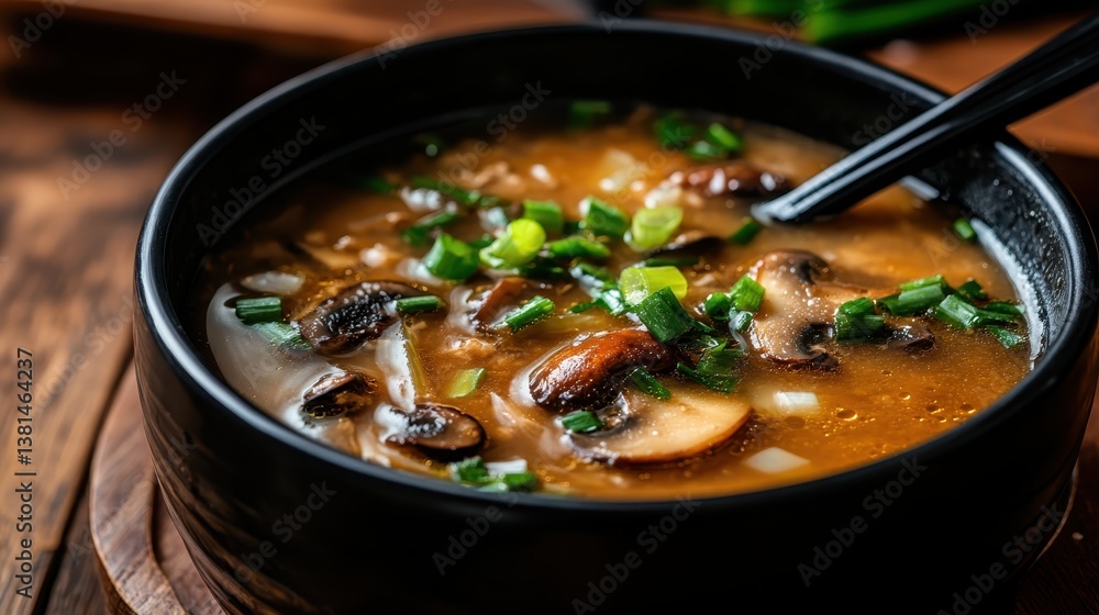 A rich and flavorful mushroom soup topped with vibrant green onions, presented in a black bowl, showcasing the comfort and warmth of homemade culinary delights. A rich and flavorful mushroom soup topped with vibrant green onions, presented in a black bowl, showcasing the comfort and warmth of homemade culinary delights.