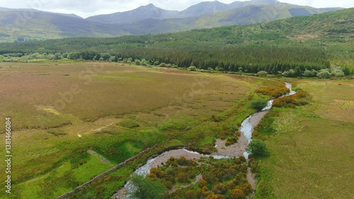 Aerial view of Joyce's river winding down below in Connemara region in Ireland. Scenic Irish countryside landscape, County Galway, Ireland.