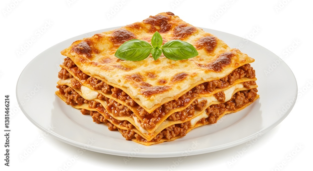 A delicious, multilayered lasagna topped with melted cheese and fresh basil leaves, served on a clean white plate. Comfort food at its best! A delicious, multilayered lasagna topped with melted cheese and fresh basil leaves, served on a clean white plate. Comfort food at its best!