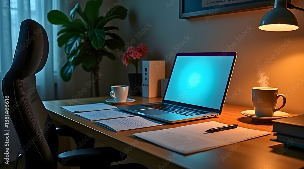 Naklejka premium Cozy Home Office Setup: Overtime, Online Learning, or Freelance Concept.