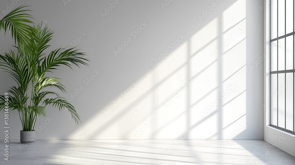 Obraz premium Minimalist Room Interior Design White Wall Plant Pot Sunlight Shadow Modern Home Decor Bright Space Empty Room Clean Apartment Stylish Background 