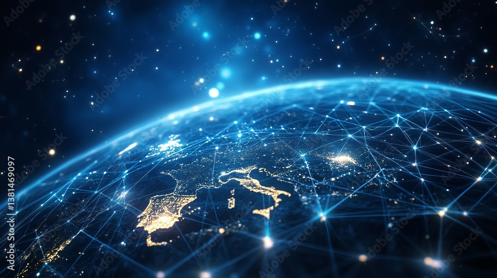 Digital earth network connecting europe and africa with glowing lights and constellations in space Digital earth network connecting europe and africa with glowing lights and constellations in space