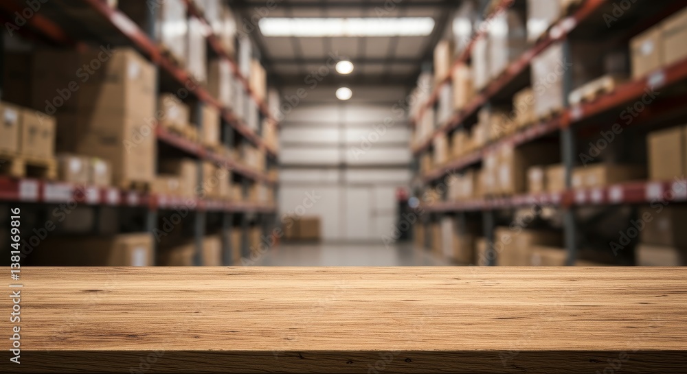 Obraz premium Warehouse Tabletop Product Display - Wooden table, warehouse background, product placement, warm lighting, business concept