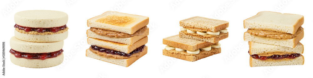 Four sandwiches and cakes with peanut butter, jelly, and banana. Four sandwiches and cakes with peanut butter, jelly, and banana.