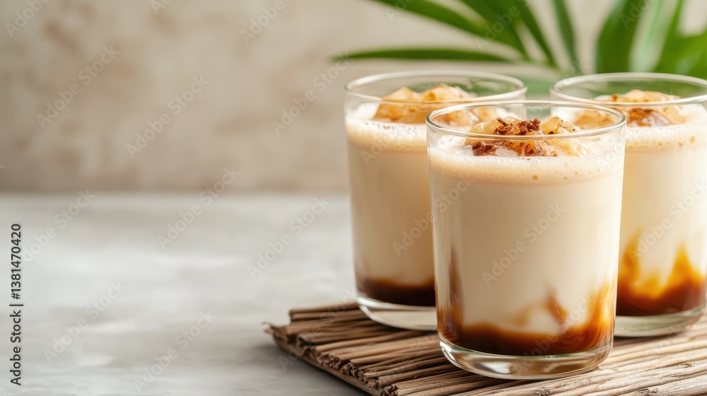 An exquisite portrayal of three iced beverages layered with textures and flavors evokes a sense of indulgence and delight, perfect for culinary enthusiasts and events. An exquisite portrayal of three iced beverages layered with textures and flavors evokes a sense of indulgence and delight, perfect for culinary enthusiasts and events.