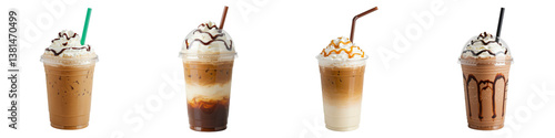 Four iced coffees topped with whipped cream and flavored syrups.