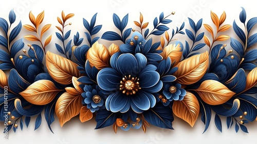 A luxurious royal blue and gold baroque wallpaper design, featuring elaborate flourishes, gilded accents, and intricate damask motifs. 