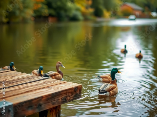 A group of ducks are swimming in a pond near a dock. The ducks are of different sizes and colors, with some being brown and others being green. The scene is peaceful and serene