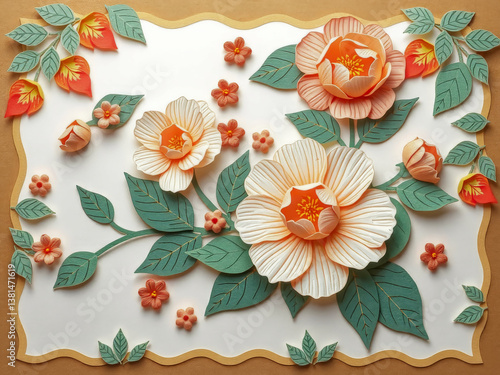 A paper flower arrangement with a green leaf border. The flowers are orange and white. The arrangement is colorful and lively