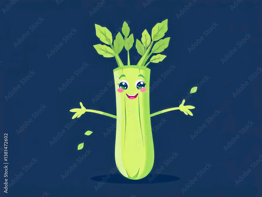 A cartoon celery plant with a smiling face. The celery plant is holding its leaves out and he is happy