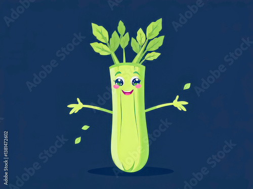 Obraz na płótnie A cartoon celery plant with a smiling face. The celery plant is holding its leaves out and he is happy w salonie