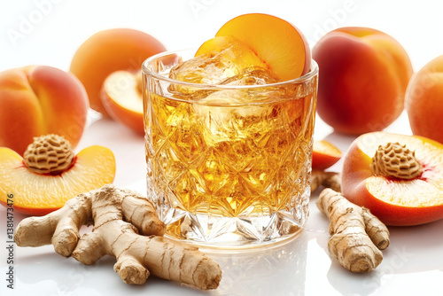 Ginger Peach Whiskey in Crystal Tumbler with Peach and Ginger Garnish  
