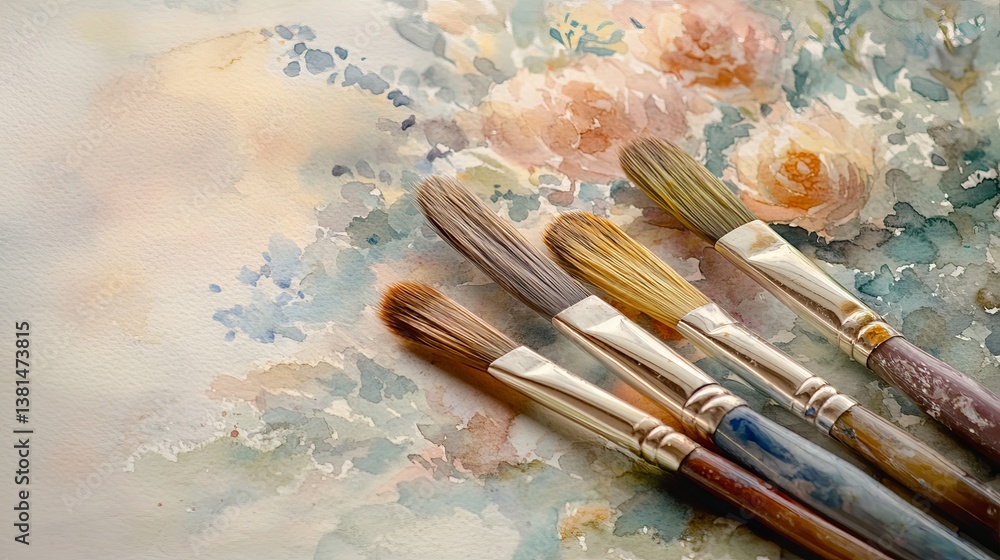 Fototapeta premium Artistic Watercolor Paintbrushes on Soft Pastel Floral Watercolor Painting Background High Resolution Image Detailed Texture fine tool work hand made