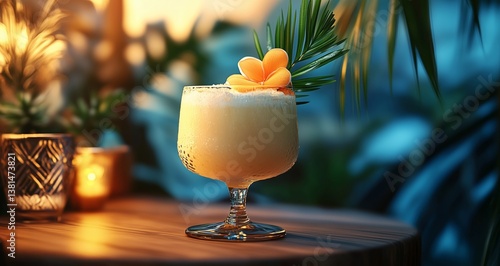 Refreshing Tropical Cocktail Garnished With Fruit Served Outdoors During Sunset