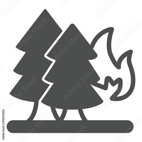 Trees on fire solid icon, forest firefighter concept. Vector graphics. Burning trees, wildfire hazard danger sign on white background, glyph style icon for mobile or web design.