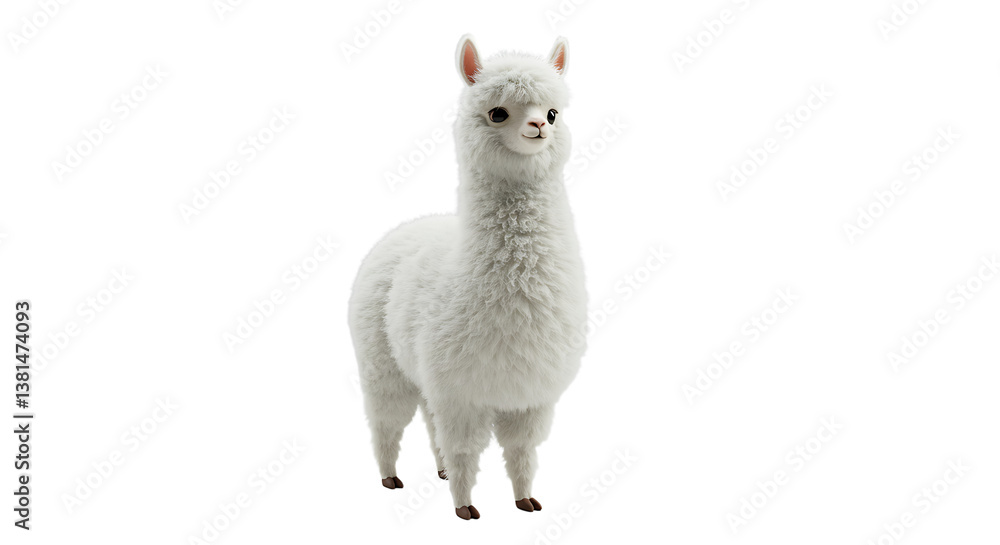 Fototapeta premium Standing alpaca with white fluffy fleece in studio lighting neutral background