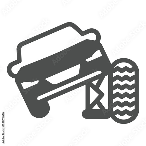 Car vehicle with foldable jack and wheel solid icon, tires fitting concept. Vector graphics. Spare wheel tire mounting, car service sign on white background, glyph style icon for mobile or web design.