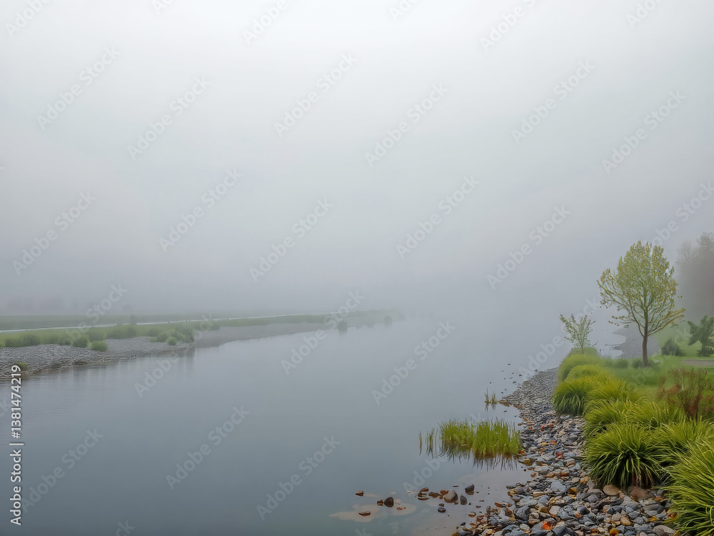 A foggy day with a river and a tree in the background. The water is calm and the sky is overcast