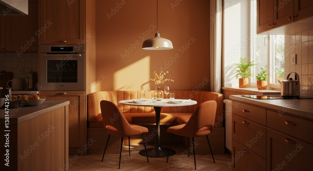 Sunlit Kitchen Nook Breakfast Area - Warm sunlight streams into a cozy kitchen nook, perfect for a morning meal. A built-in banquette offers comfortable seating Sunlit Kitchen Nook Breakfast Area - Warm sunlight streams into a cozy kitchen nook, perfect for a morning meal. A built-in banquette offers comfortable seating