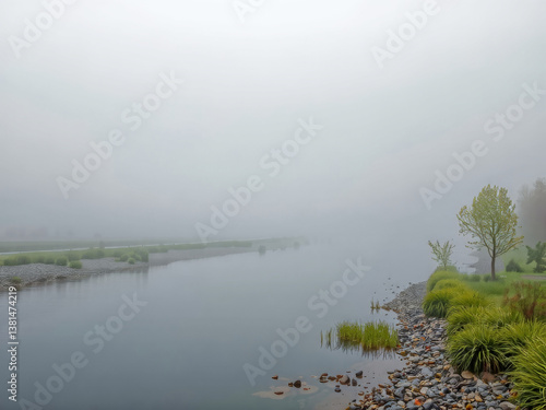 Obraz na płótnie A foggy day with a river and a tree in the background. The water is calm and the sky is overcast w salonie