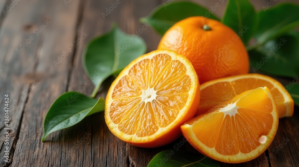 Fresh vibrant oranges displayed on rustic wooden table Fresh vibrant oranges displayed on rustic wooden table